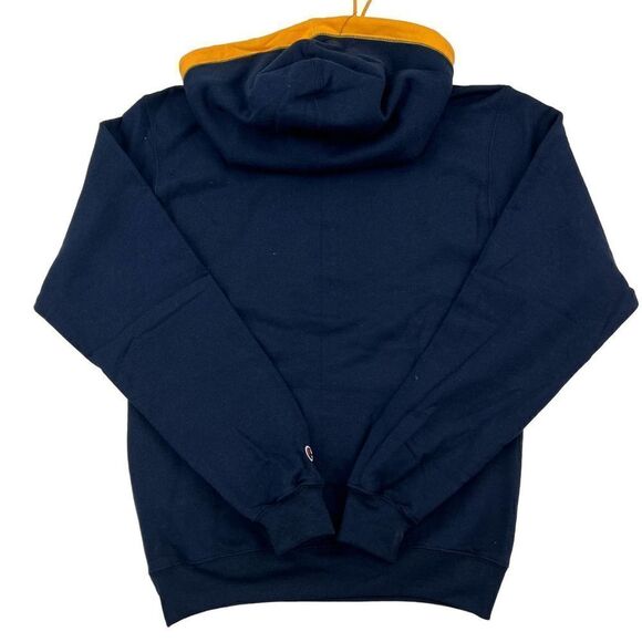 New Champion Men US S Navy Blue Orange Double Dry Eco Colorblocked Fleece Hoody - Picture 2 of 10